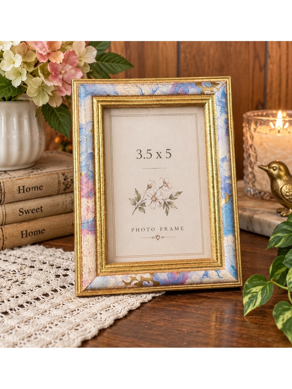 Vintage 3.5x5 Picture Frame Gold Floral Pastel Cottagecore Tabletop Wall Frame